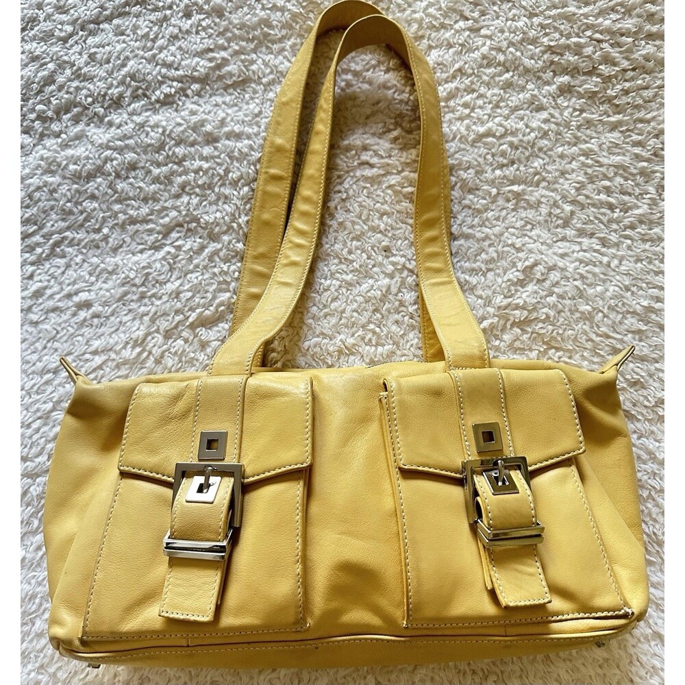 Perlina Italy Vintage Yellow Leather Cargo Shoulder Bag Pink Satin Interior